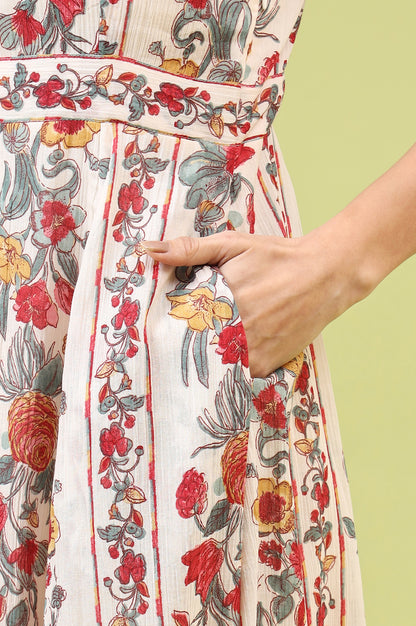 Off-White Vibrant Floral Printed Pure Cotton Flared Spaghetti Dress - Image 2
